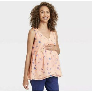 The Nine by Hatch Maternity Floral Print V-neck Mocked Chiffon Tank Top Blush S